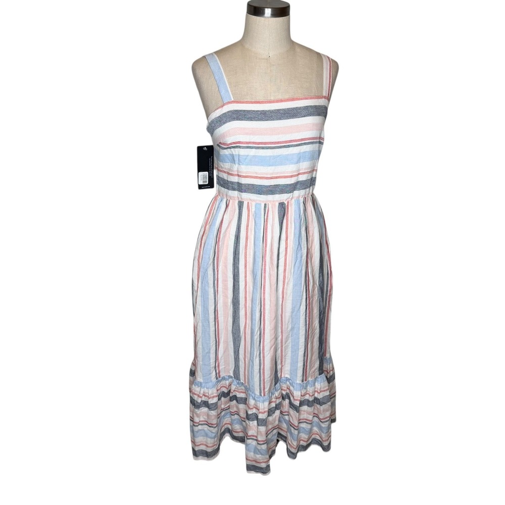 SKIES ARE BLUE Striped Cotton Midi Dress‎ Blue Pink White Smocked Tiered S NWT